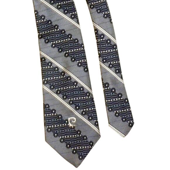 70s PIERRE CARDIN 4" Wide Necktie | Blue Logo Striped Vintage Tie - Picture 4 of 4